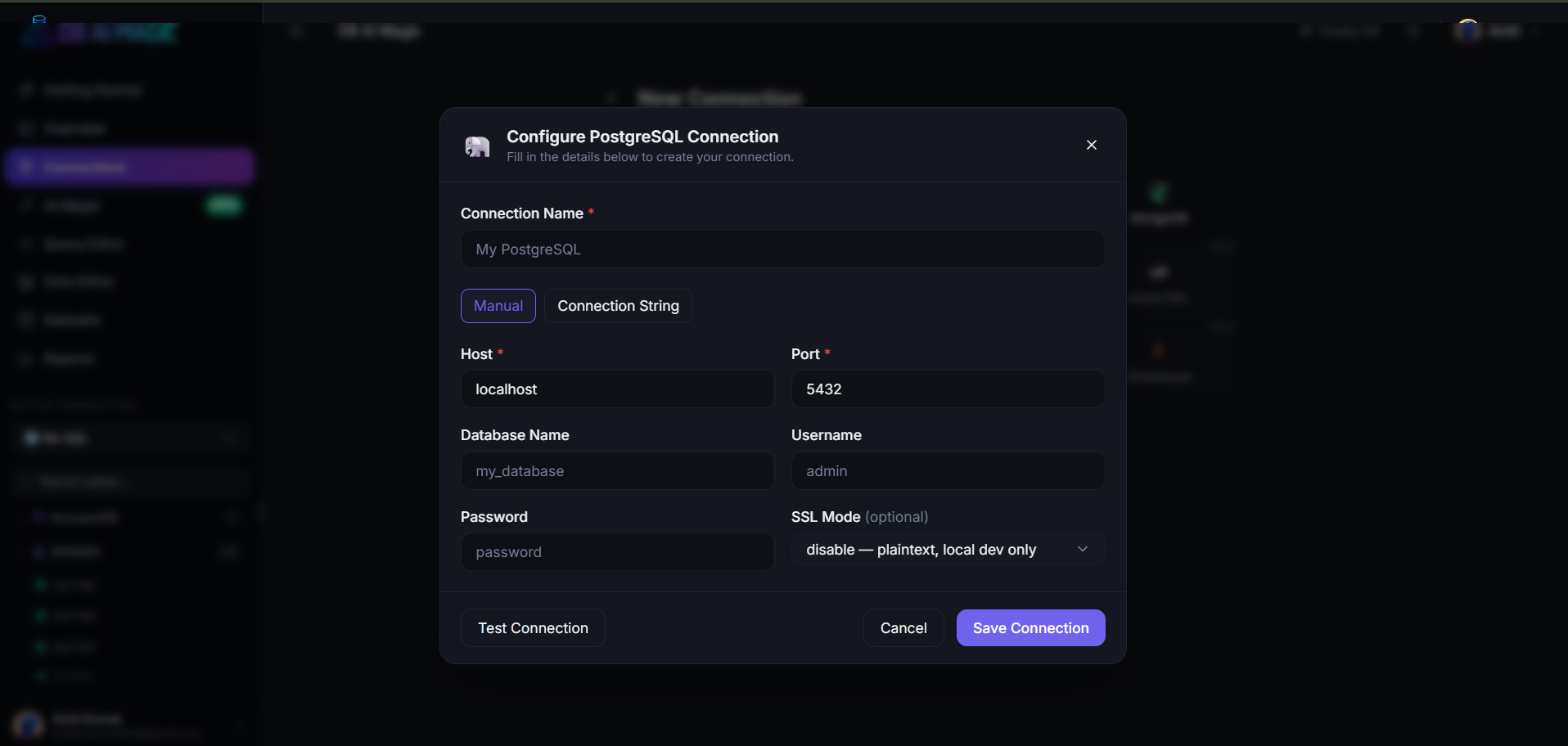 Adding a new connection — engine picker on the left, form on the right.